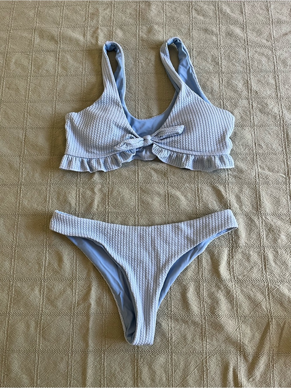 SHEIN Sky Blue Ribbed Ruffle Bikini Set